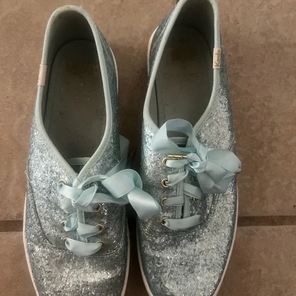 Light Blue Glitter Ribbon Lace Women's Sneakers - Picture 2 of 4